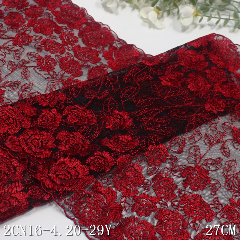 Width 27cm spandex black Tulle Soft embroidery Lace trim Fabric red flowers lace For dress lingerie