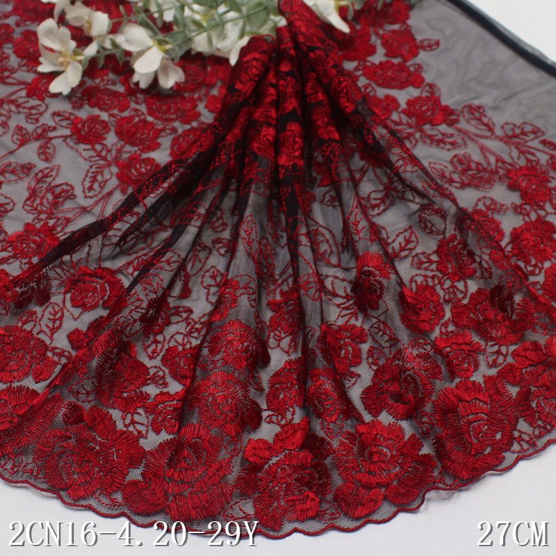Width 27cm spandex black Tulle Soft embroidery Lace trim Fabric red flowers lace For dress lingerie