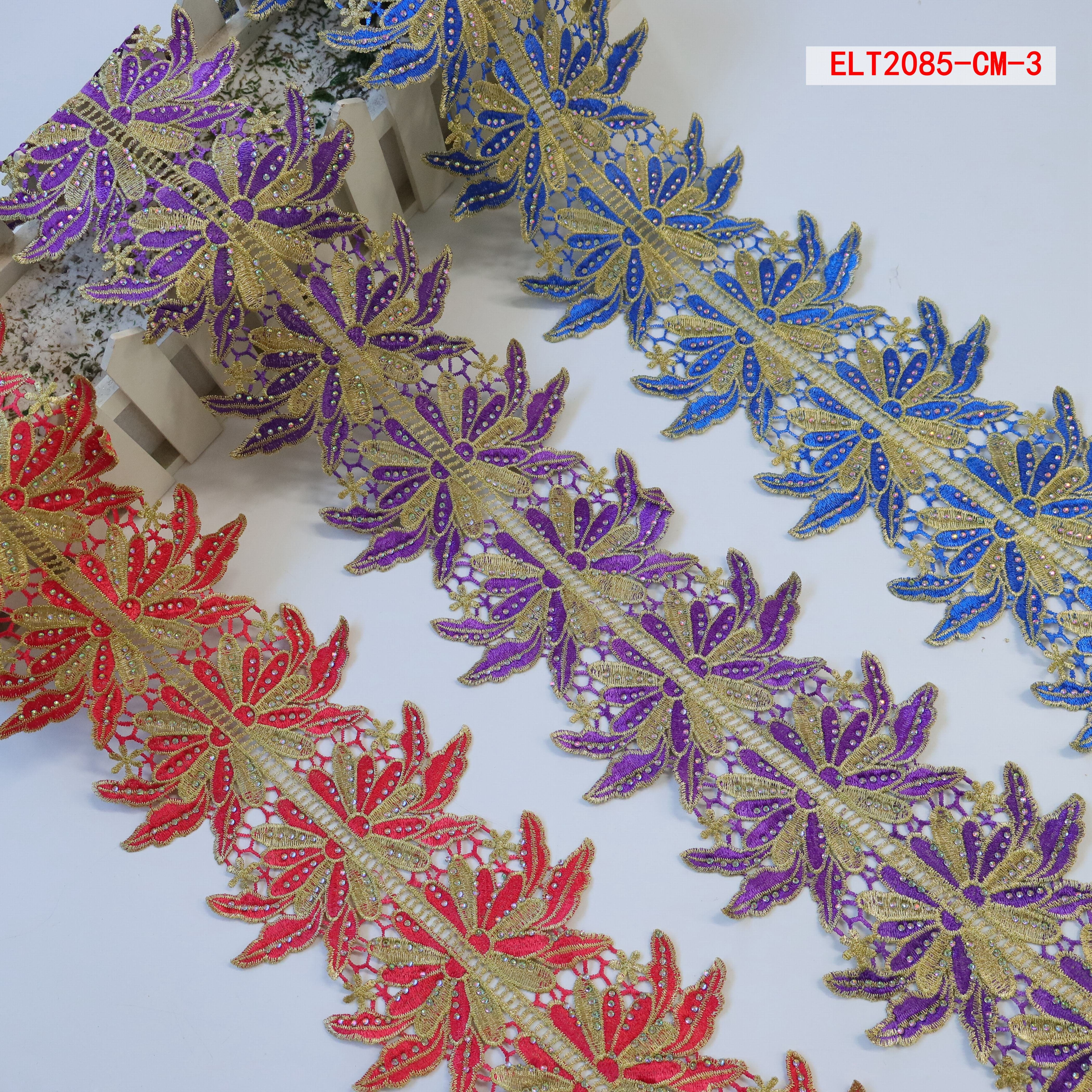 Ribete de encaje Shiny rhinestone double side border embroidery lace trim OEM&ODM Custom Rhinestone Lace Trim