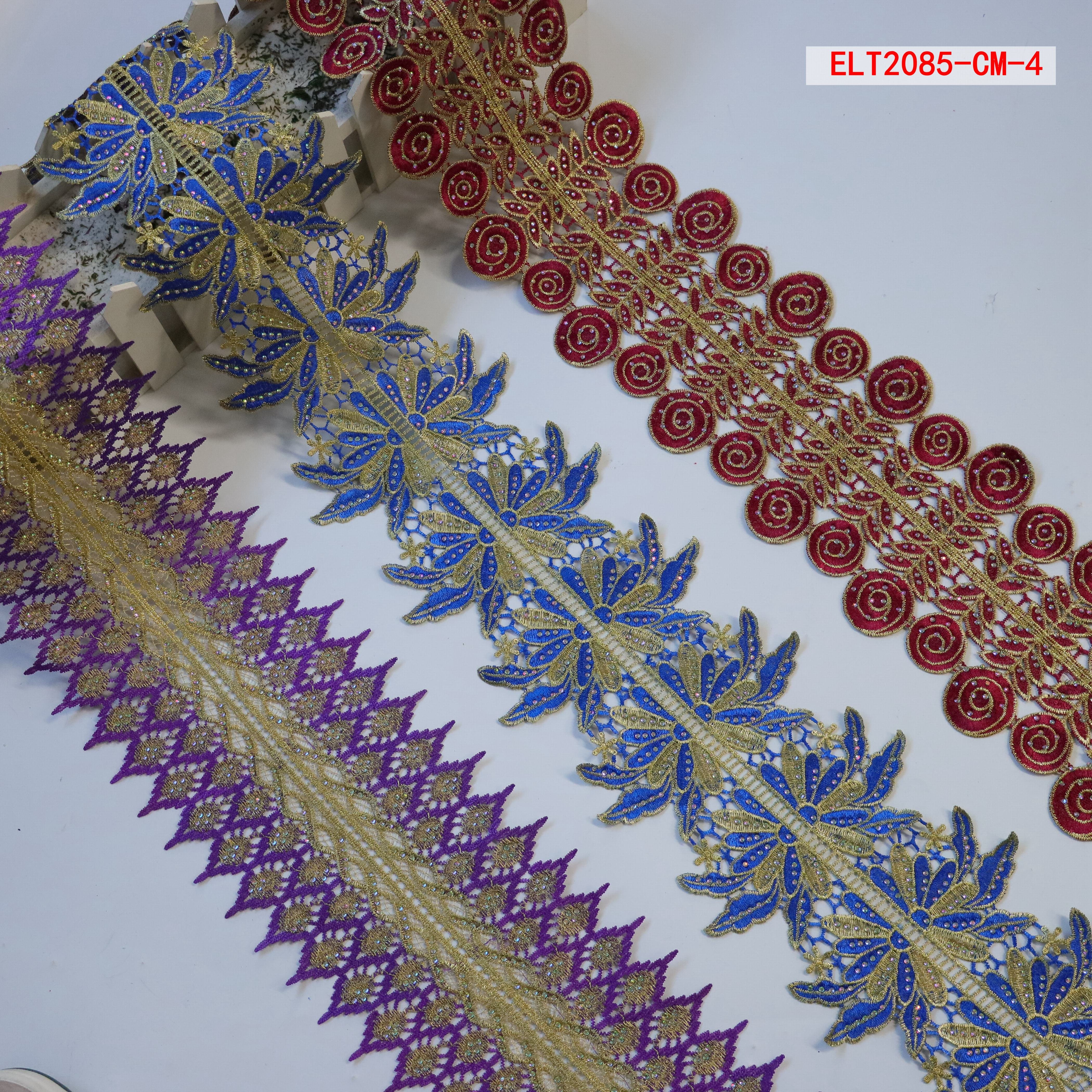 Ribete de encaje Shiny rhinestone double side border embroidery lace trim OEM&ODM Custom Rhinestone Lace Trim
