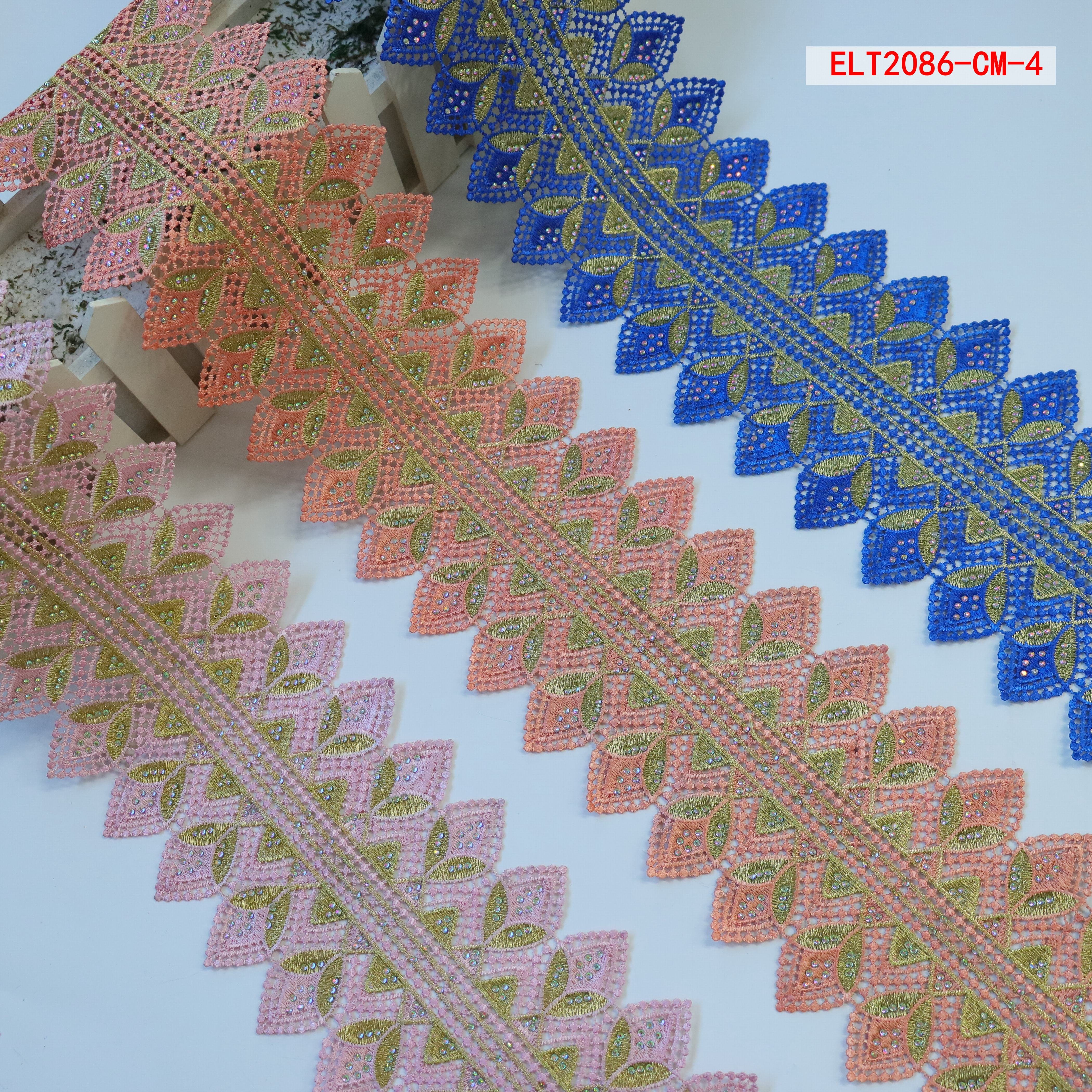 Ribete de encaje Shiny rhinestone double side border embroidery lace trim OEM&ODM Custom Rhinestone Lace Trim