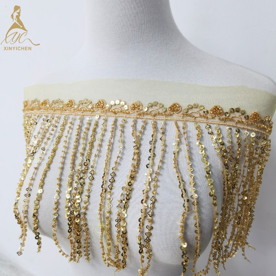 new design gold sequin tassel lace trim embroidery 3d tassel DIY fringe trimming for woman dance dress