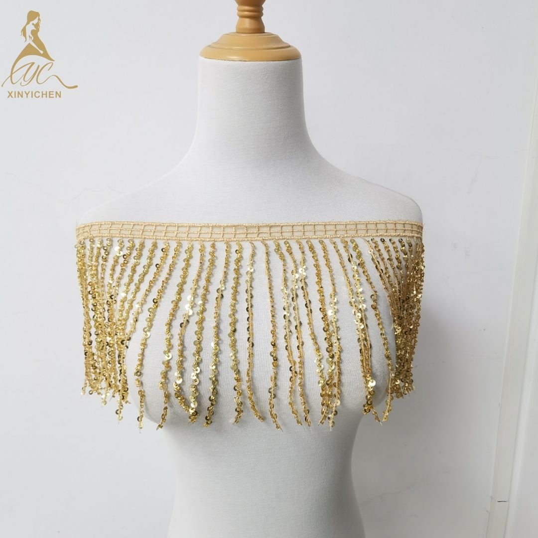 new design gold sequin tassel lace trim embroidery 3d tassel DIY fringe trimming for woman dance dress