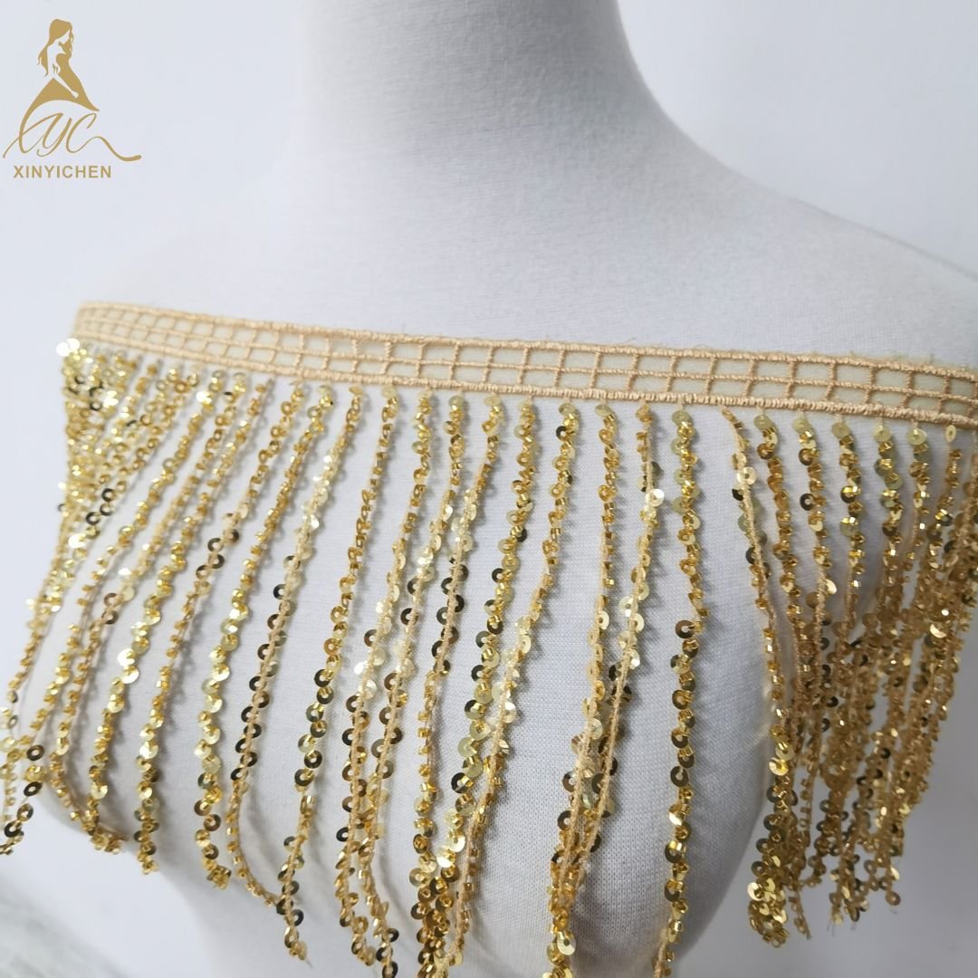 new design gold sequin tassel lace trim embroidery 3d tassel DIY fringe trimming for woman dance dress
