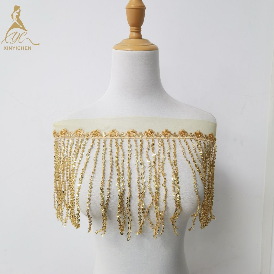 new design gold sequin tassel lace trim embroidery 3d tassel DIY fringe trimming for woman dance dress