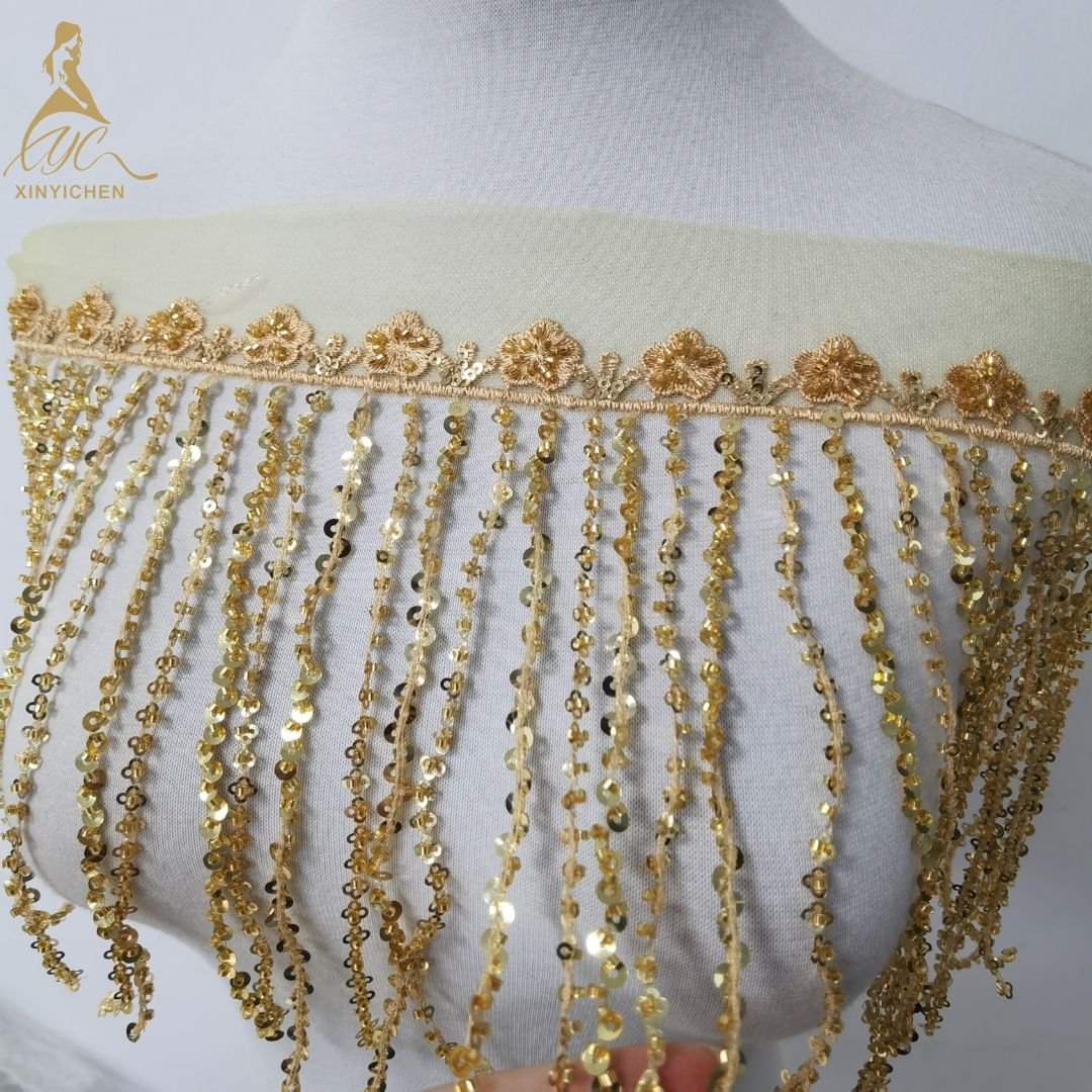 new design gold sequin tassel lace trim embroidery 3d tassel DIY fringe trimming for woman dance dress