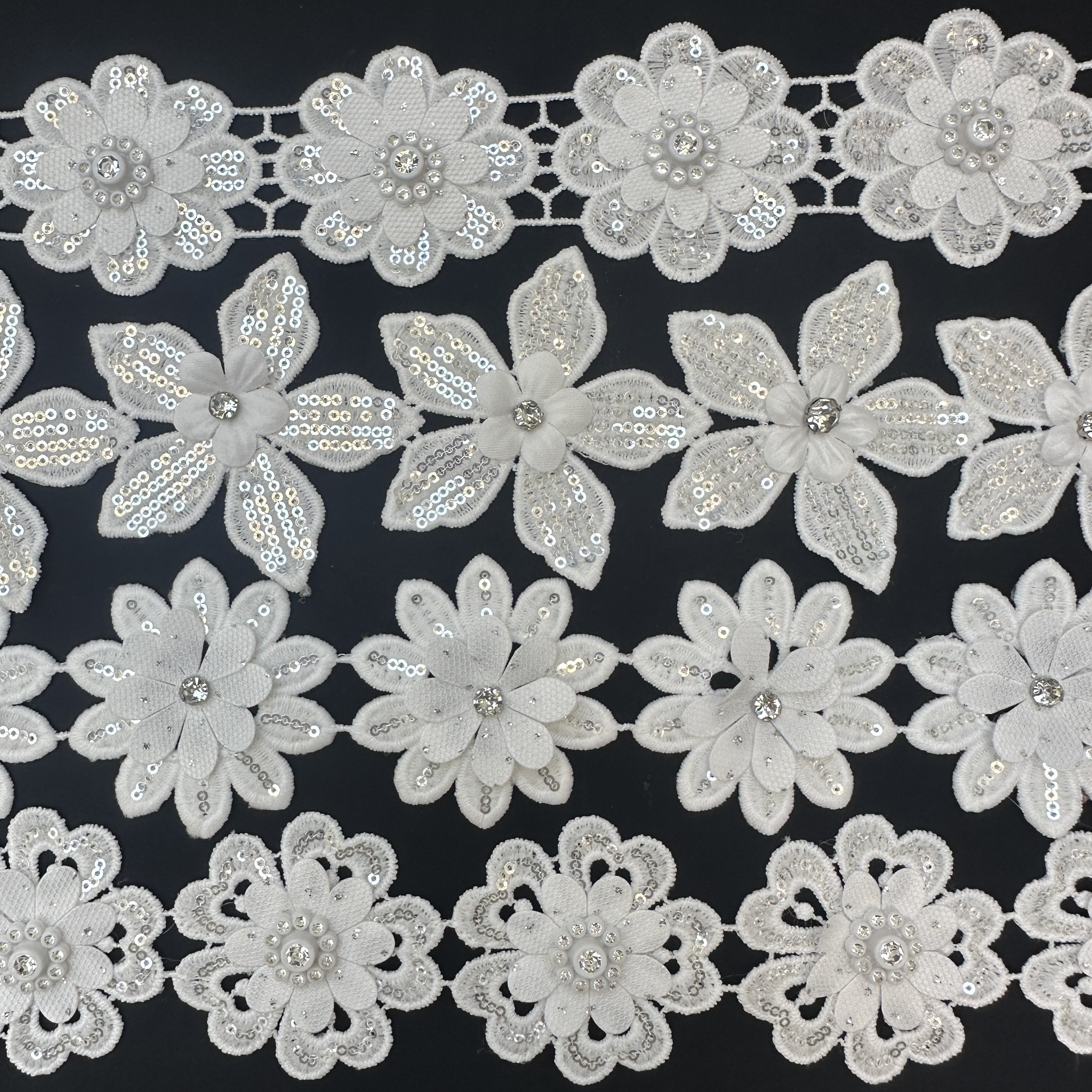 White Beaded Lace 100% Polyester Chemical Sequin Milk Silk Guipure Rhinestone Lace Trim