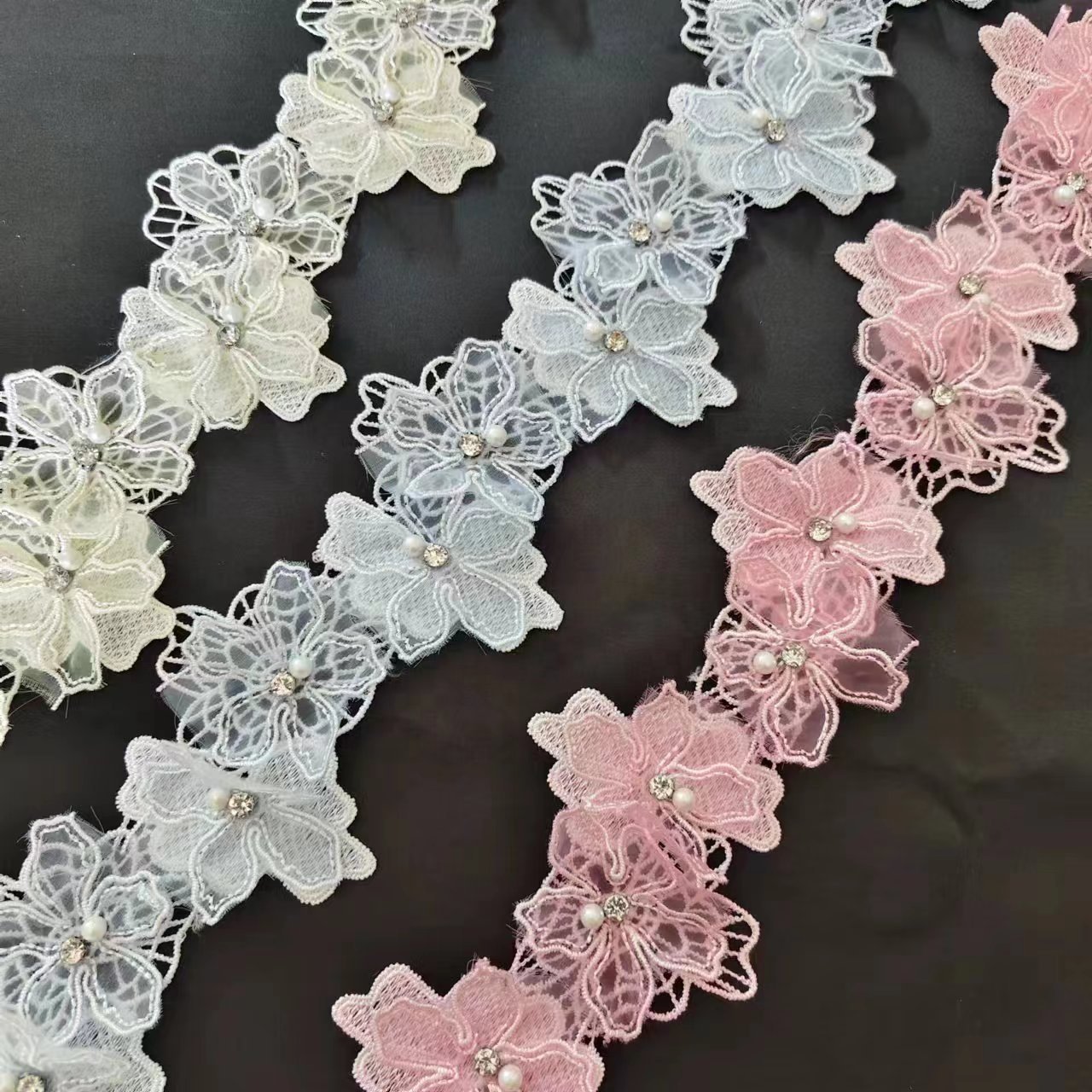 8cm wide colorful double layers pearl rhinestone lace trim,clothing decoration flower trimming accessories