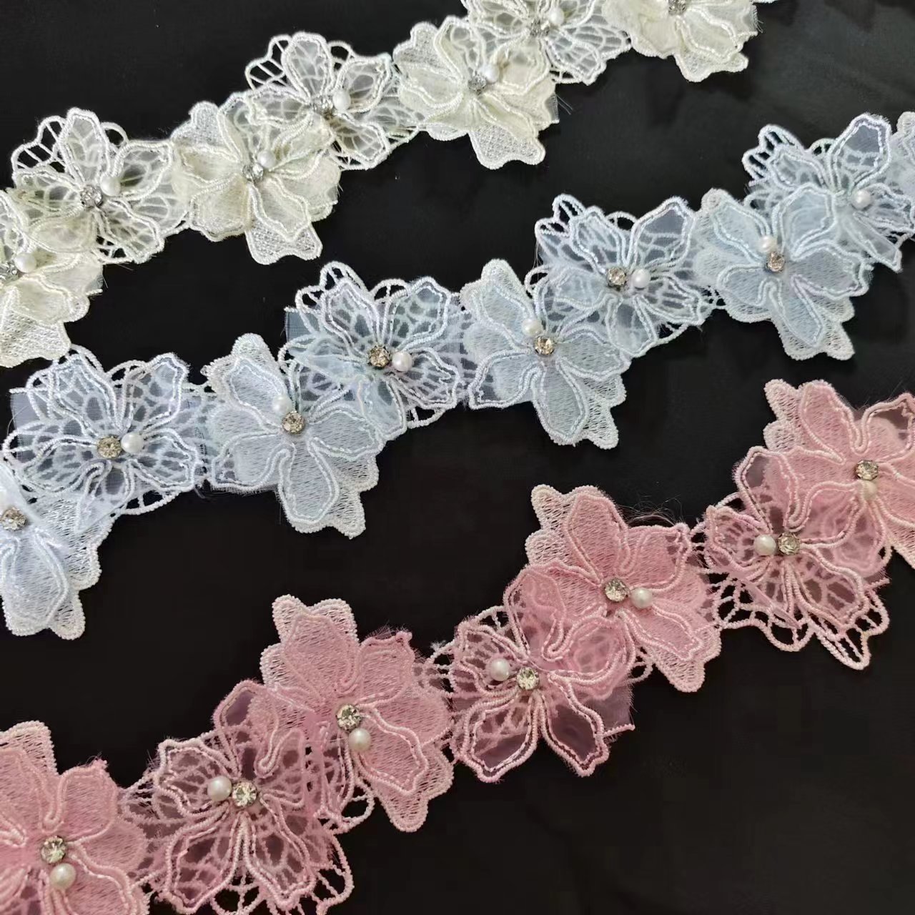 8cm wide colorful double layers pearl rhinestone lace trim,clothing decoration flower trimming accessories