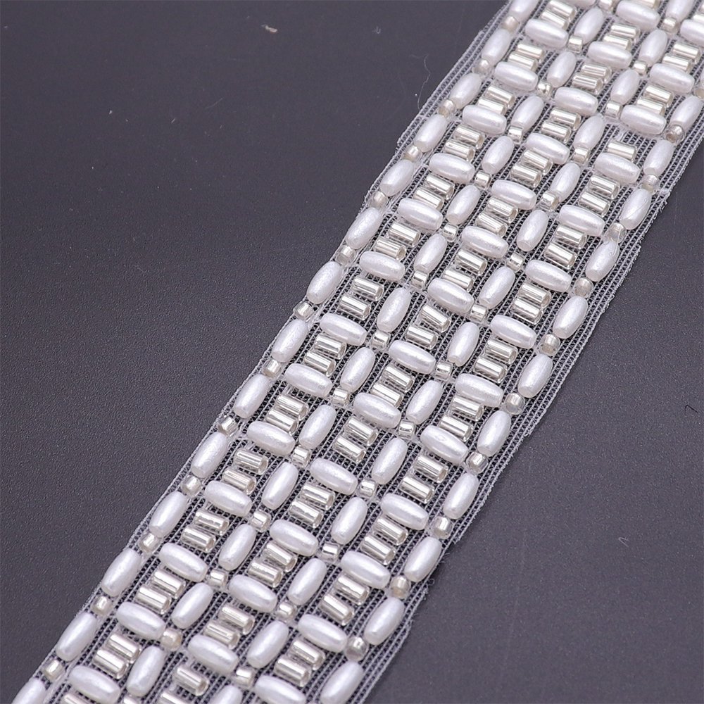Wedding Dress Decoration Luxury White Lace Trim Machine Embroidery Mesh Beaded Lace Trim With Pearls