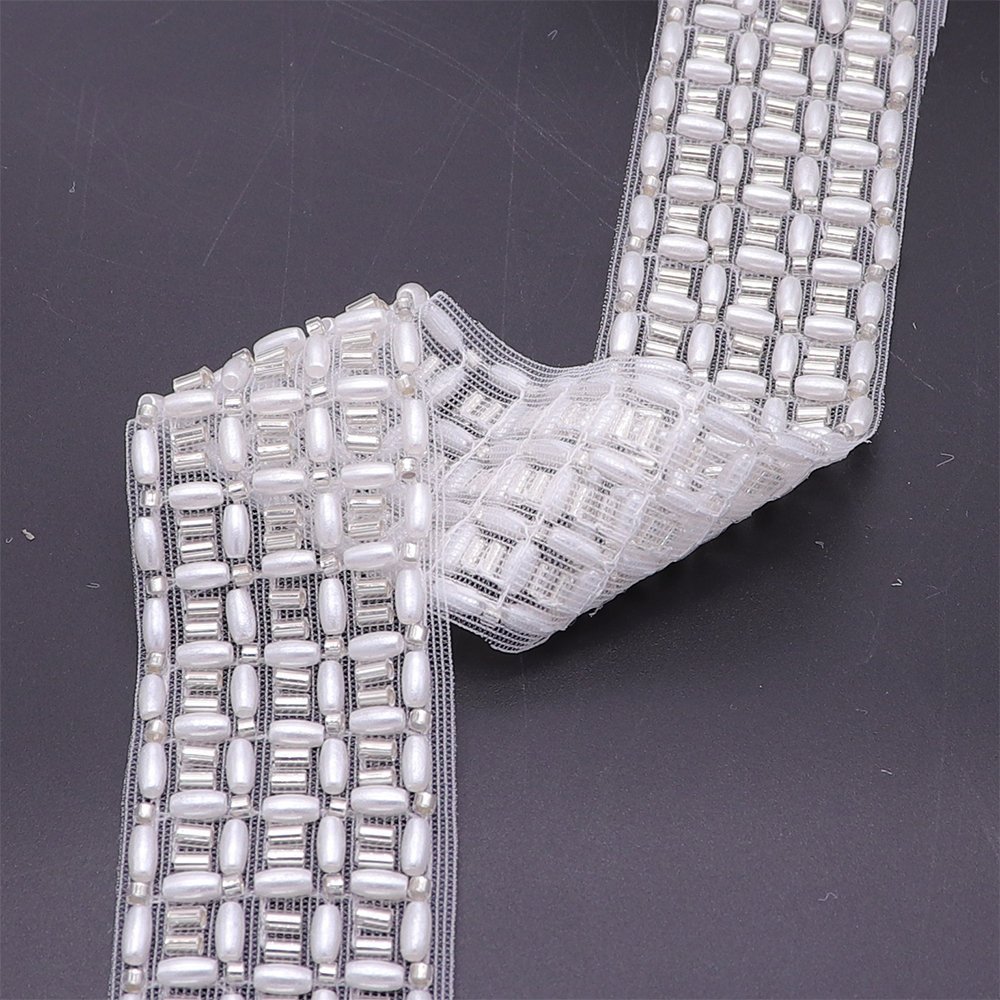 Wedding Dress Decoration Luxury White Lace Trim Machine Embroidery Mesh Beaded Lace Trim With Pearls
