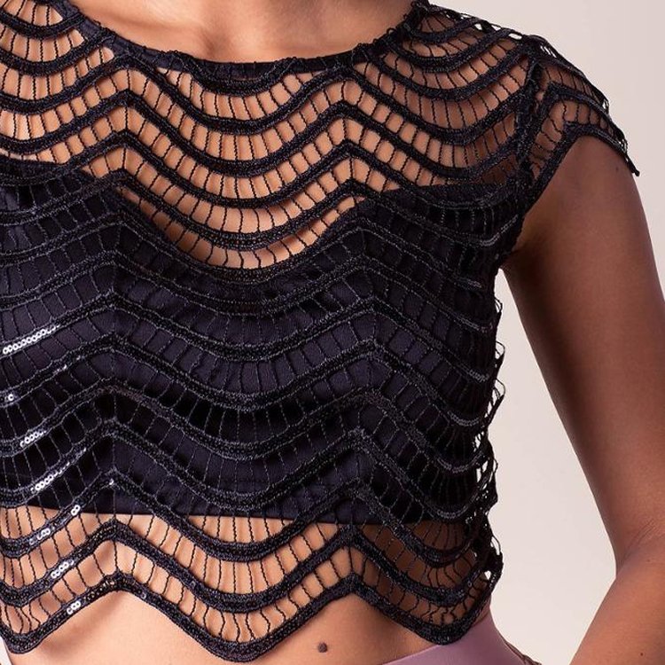 Customize Intricate Crochet Crop Top Design Scallop Trim And Sequin Women Sexy Blouse Top