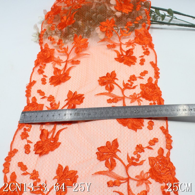 Fancy Embroidery Border Lace 25cm bright orange Embroidered Lace Trim Mesh Fabrics Lace for Women Lingerie