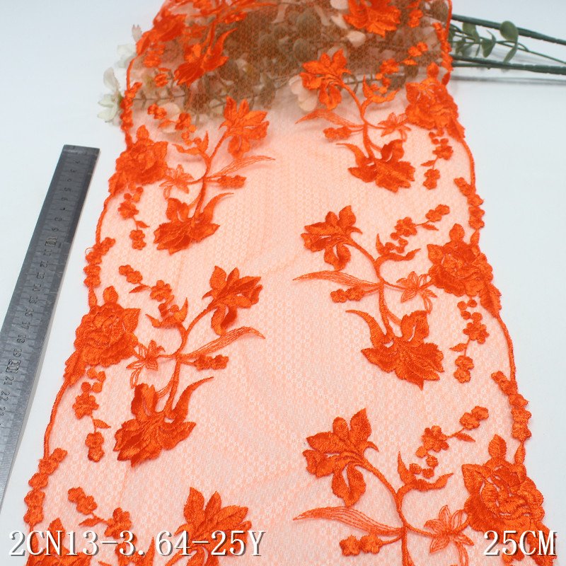 Fancy Embroidery Border Lace 25cm bright orange Embroidered Lace Trim Mesh Fabrics Lace for Women Lingerie