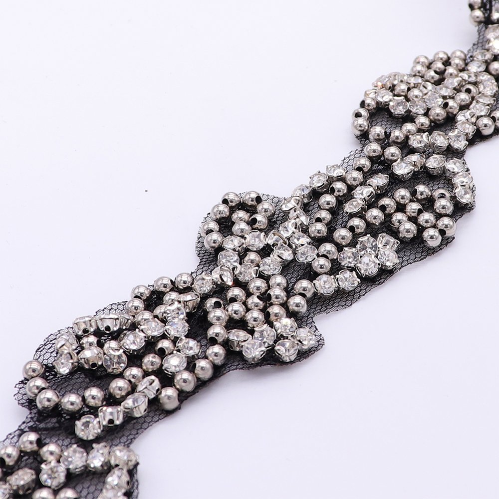 New Trending Handmade Pearl Ribbon Lace Trim Rhinestones Bridal Lace Trim For Women