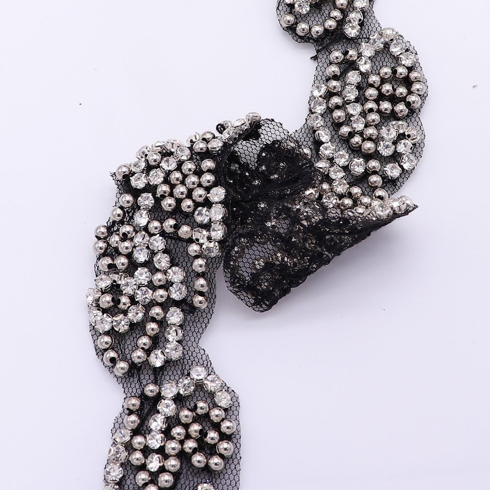 New Trending Handmade Pearl Ribbon Lace Trim Rhinestones Bridal Lace Trim For Women