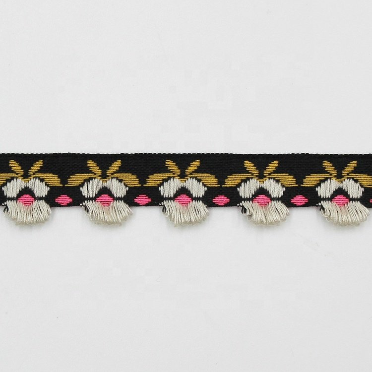 New arrivals 15mm narrow ethnic clothes decorative jacquard trims with mini loop tassels