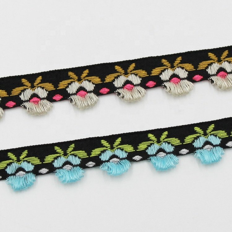 New arrivals 15mm narrow ethnic clothes decorative jacquard trims with mini loop tassels