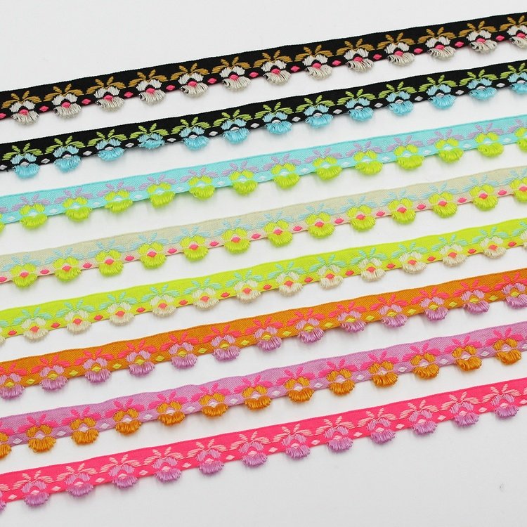 New arrivals 15mm narrow ethnic clothes decorative jacquard trims with mini loop tassels