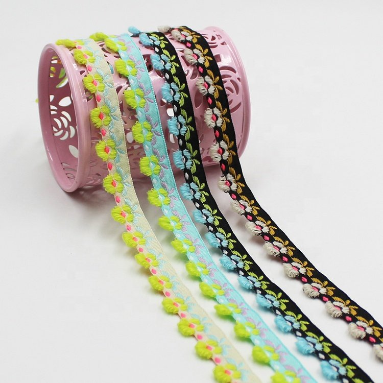 New arrivals 15mm narrow ethnic clothes decorative jacquard trims with mini loop tassels