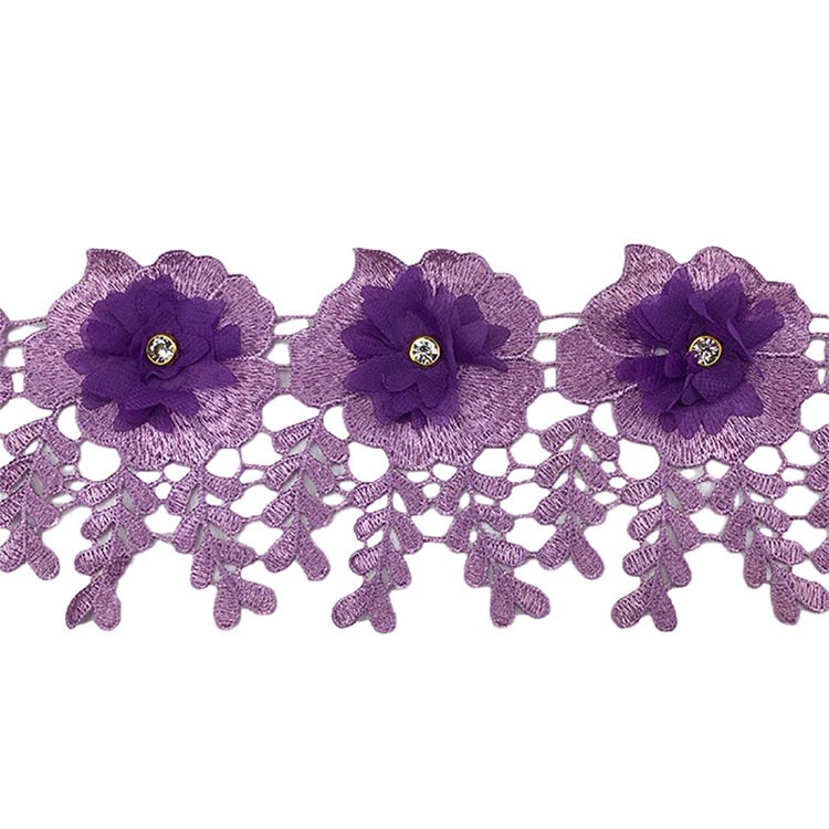 LS727 Embroidery Water-soluble Lace Trim 3d Flower Chiffon Beaded Lace Trimming With Rhinestone Decorative Lace For Clothes