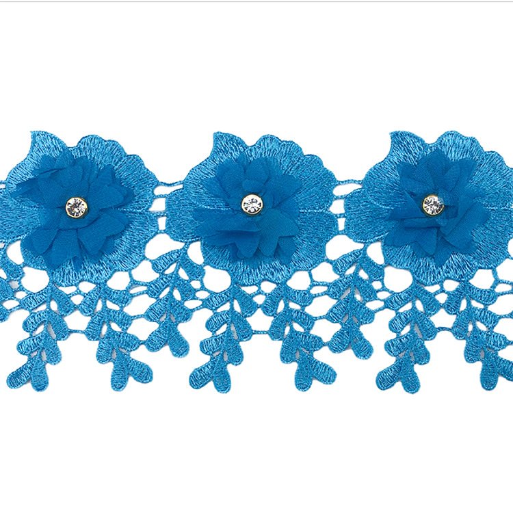 LS727 Embroidery Water-soluble Lace Trim 3d Flower Chiffon Beaded Lace Trimming With Rhinestone Decorative Lace For Clothes
