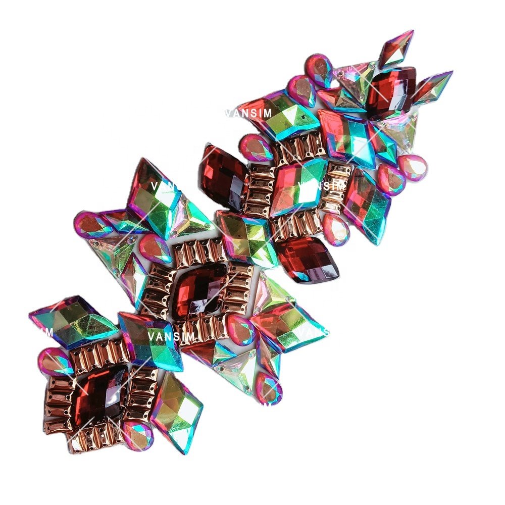 Handmade Customized carnival costumes Resin beads hot fix stone applique patch trim with trimming for fiesta party