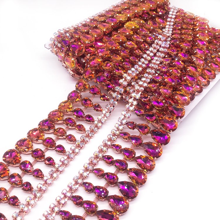 New listing rhinestone trimming factory manufacturer Iridescent rhinestone fringe gemstone trimming for costume dress crafting