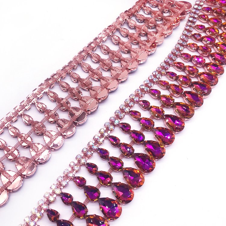 New listing rhinestone trimming factory manufacturer Iridescent rhinestone fringe gemstone trimming for costume dress crafting