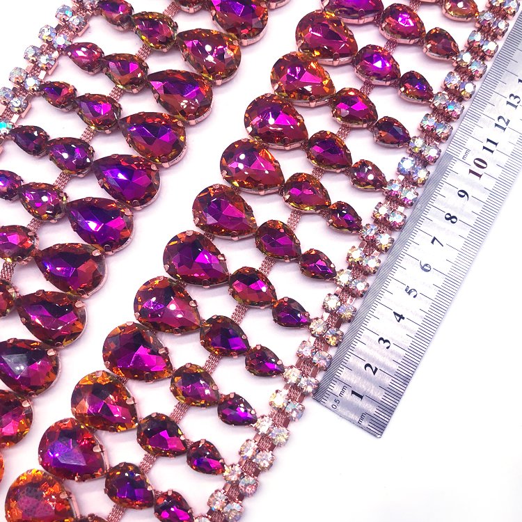 New listing rhinestone trimming factory manufacturer Iridescent rhinestone fringe gemstone trimming for costume dress crafting