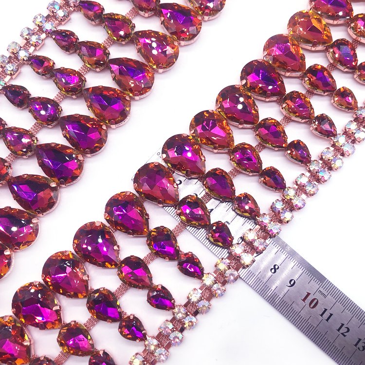 New listing rhinestone trimming factory manufacturer Iridescent rhinestone fringe gemstone trimming for costume dress crafting