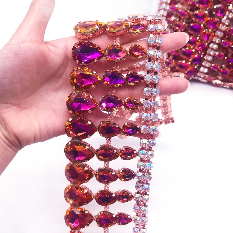New listing rhinestone trimming factory manufacturer Iridescent rhinestone fringe gemstone trimming for costume dress crafting