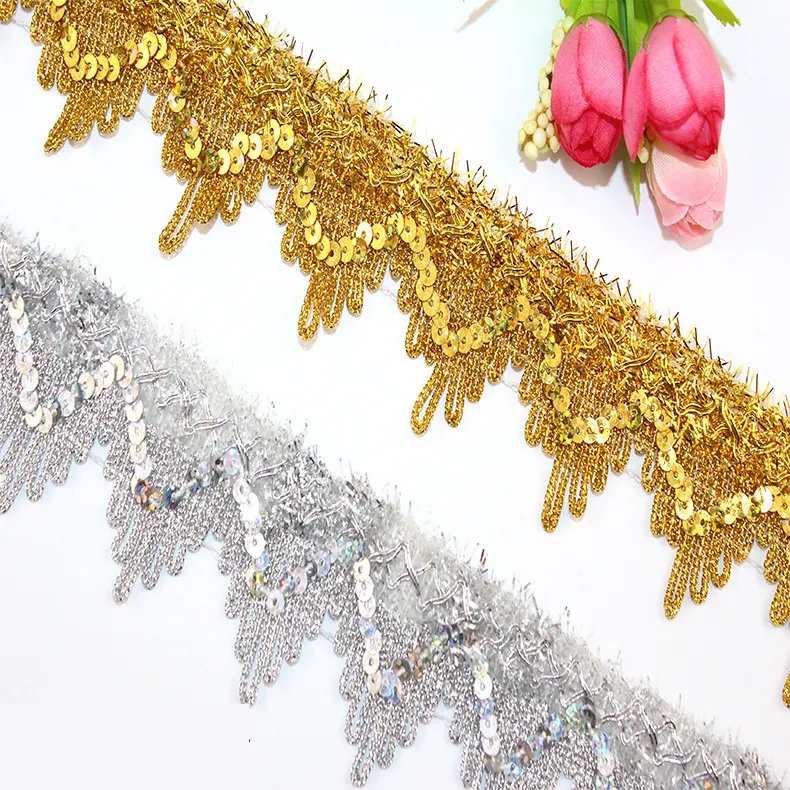Wholesale in stock 4cm Crown golden Silvery sequined border laces gold silver sequin lace trimming