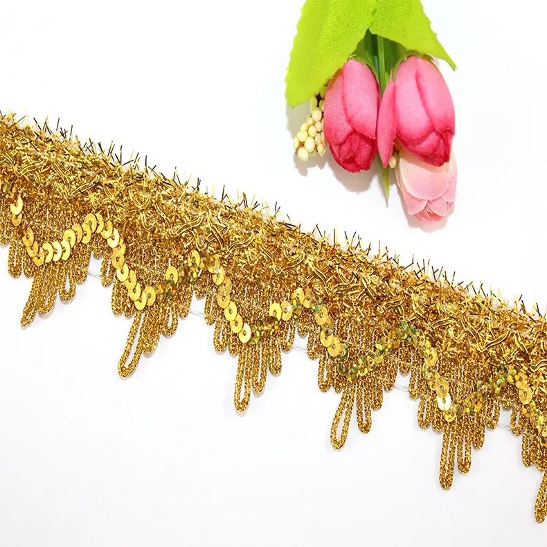 Wholesale in stock 4cm Crown golden Silvery sequined border laces gold silver sequin lace trimming