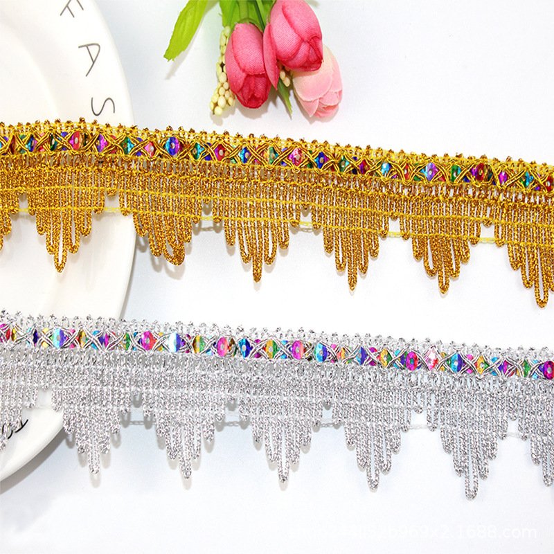Wholesale in stock 4cm Crown golden Silvery sequined border laces gold silver sequin lace trimming