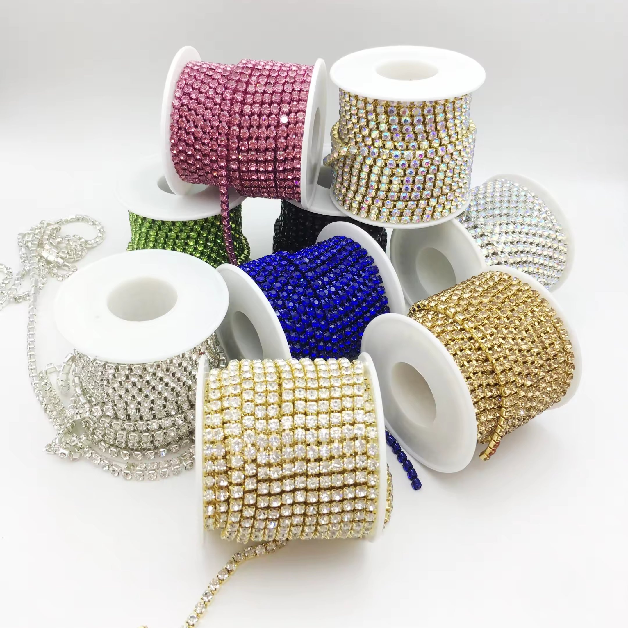 1 yd 2mm 3mm Colorful Rhinestone Silver Setting Trim Chain Jewelry Wedding Veil Crystal Chain Rhienestones