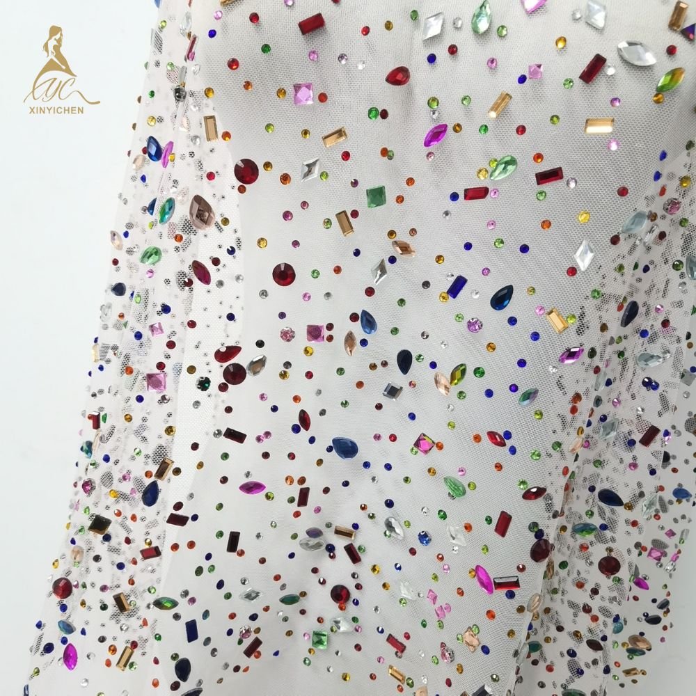 New Customized Colorful Hotfix Rhinestone Trim Mesh Dress Fabric Hotfix Rhinestone Fabric