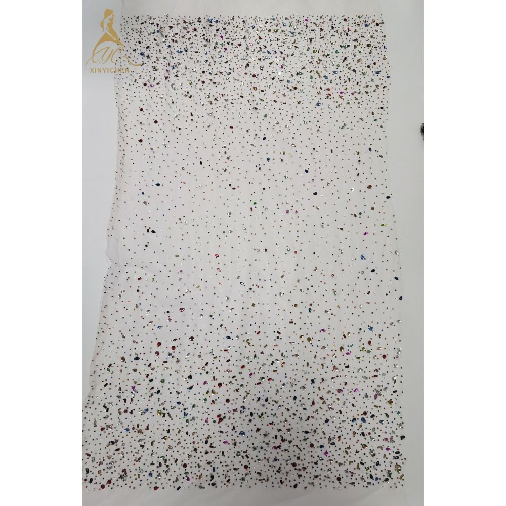 New Customized Colorful Hotfix Rhinestone Trim Mesh Dress Fabric Hotfix Rhinestone Fabric