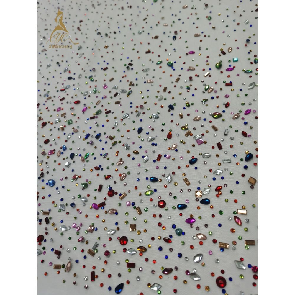 New Customized Colorful Hotfix Rhinestone Trim Mesh Dress Fabric Hotfix Rhinestone Fabric