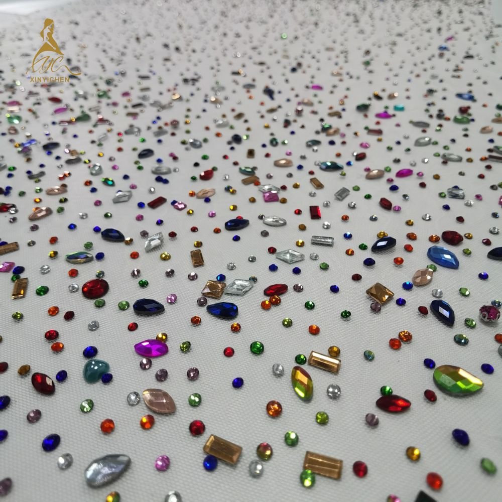 New Customized Colorful Hotfix Rhinestone Trim Mesh Dress Fabric Hotfix Rhinestone Fabric