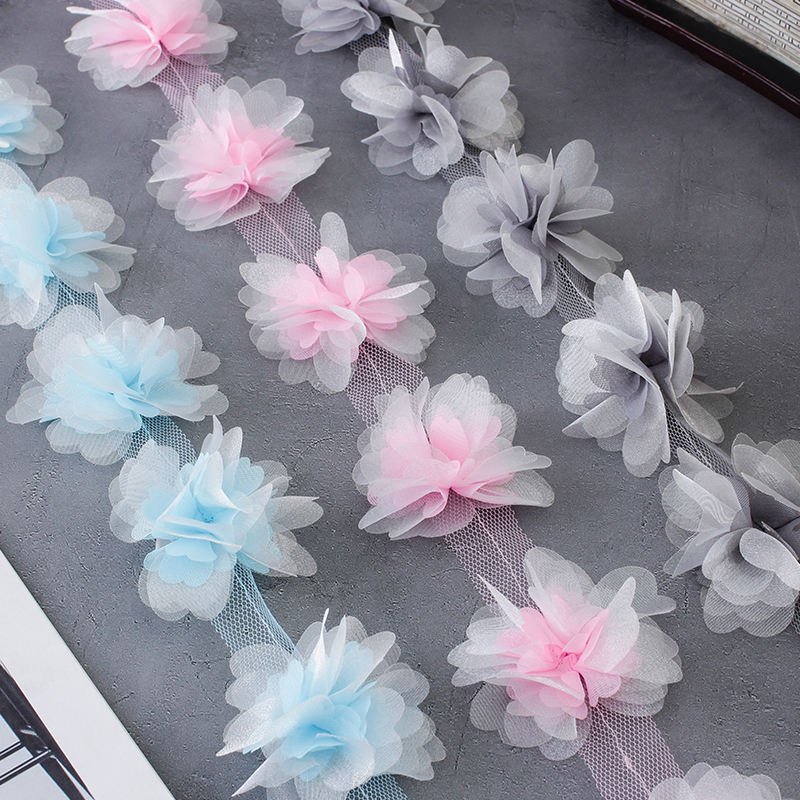 New Multi Color Chiffon Flower Lace Ribbon 3D Flower Lace Trim Fabric for dancing dress clothing XF24 12 flowers per yard