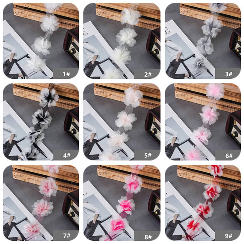 New Multi Color Chiffon Flower Lace Ribbon 3D Flower Lace Trim Fabric for dancing dress clothing XF24 12 flowers per yard