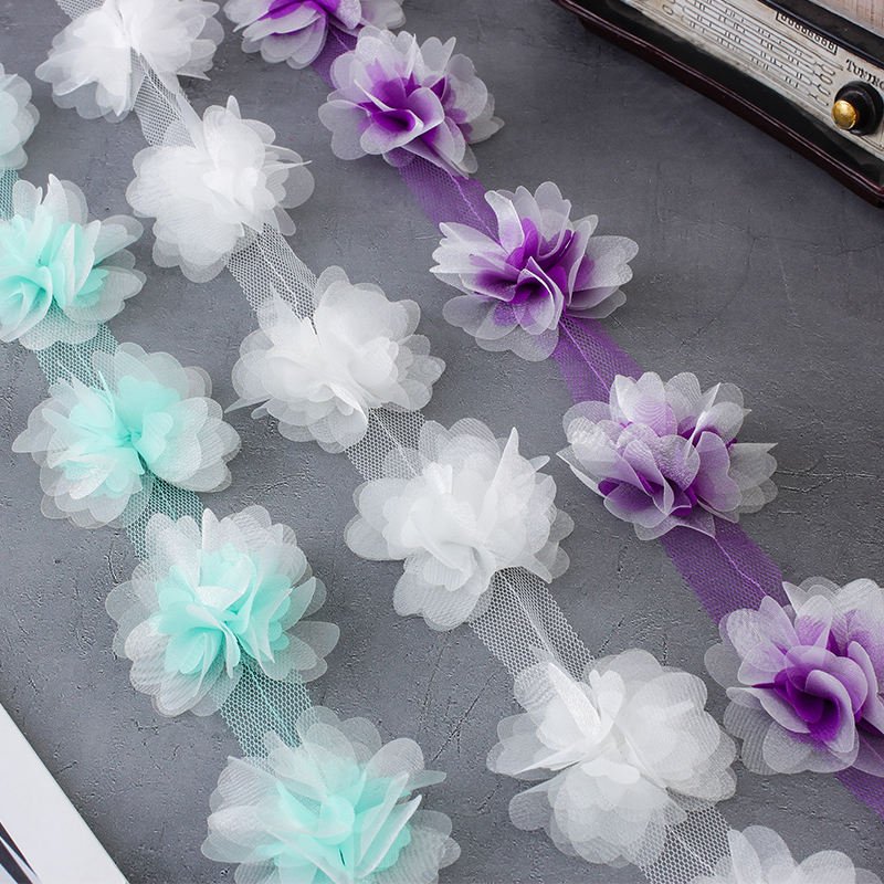 New Multi Color Chiffon Flower Lace Ribbon 3D Flower Lace Trim Fabric for dancing dress clothing XF24 12 flowers per yard