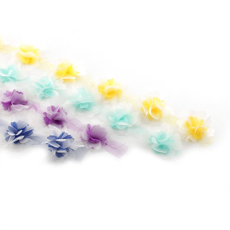 New Multi Color Chiffon Flower Lace Ribbon 3D Flower Lace Trim Fabric for dancing dress clothing XF24 12 flowers per yard