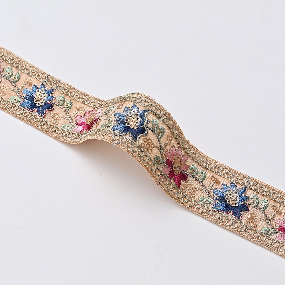 Width Golden Sequins Corded Lace Ribbon Flowers Embroidered Colorful Cuff Lace Trim Bar Code For Clothing Decoration