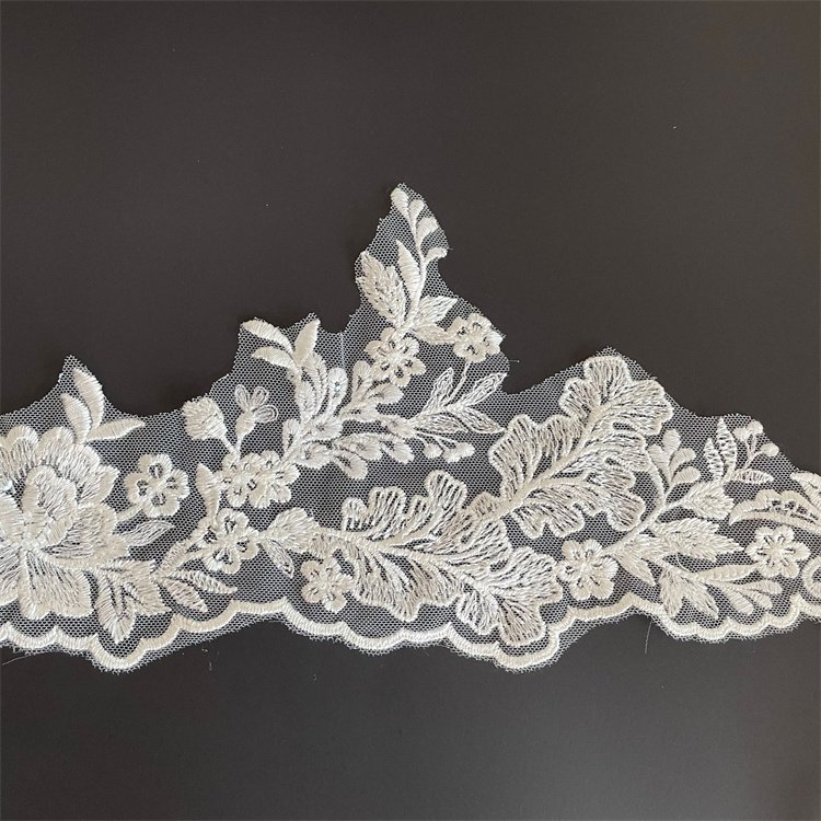 Customized trendy 16cm leaf design polyester sewing embroidery lace trim with beads sequins