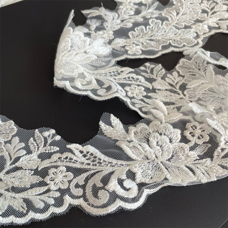 Customized trendy 16cm leaf design polyester sewing embroidery lace trim with beads sequins