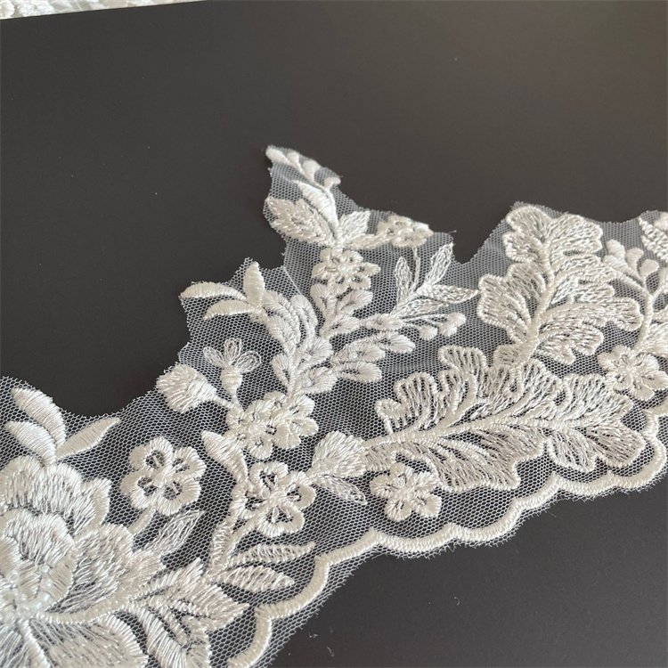 Customized trendy 16cm leaf design polyester sewing embroidery lace trim with beads sequins