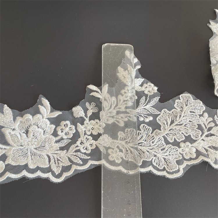 Customized trendy 16cm leaf design polyester sewing embroidery lace trim with beads sequins
