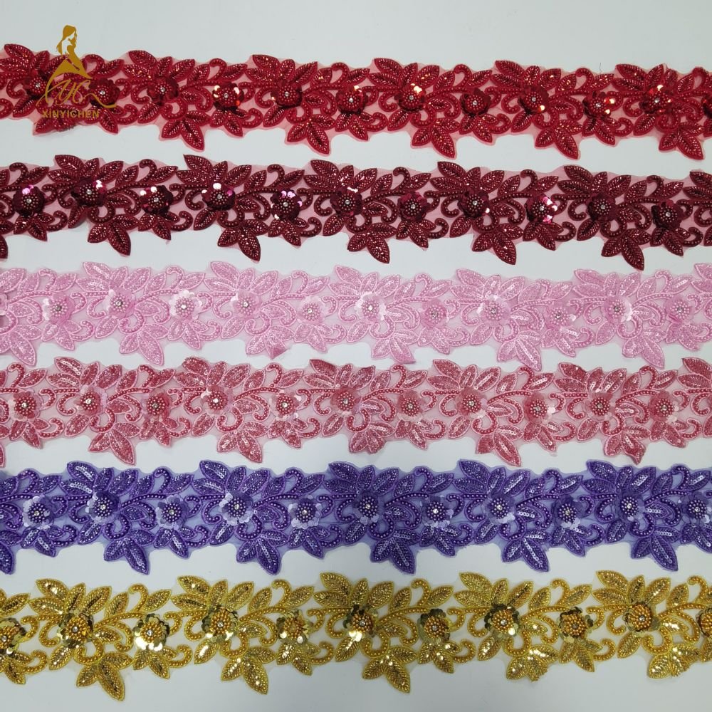 Wholesale Beaded Colorful Lace Trim Polyester Bead Floral Lace Trimmings Sequin Lace Trim for Dress
